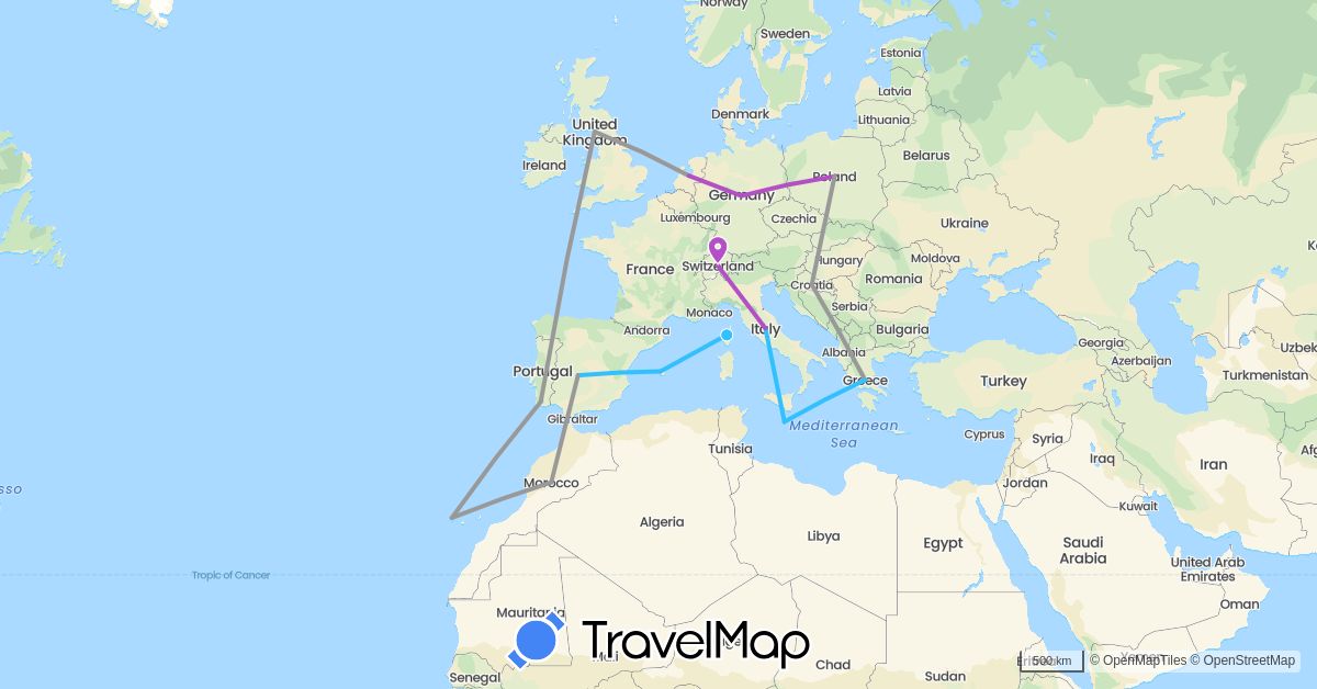 TravelMap itinerary: plane, train, boat in Switzerland, Germany, Spain, France, United Kingdom, Greece, Croatia, Italy, Morocco, Malta, Netherlands, Poland, Portugal (Africa, Europe)